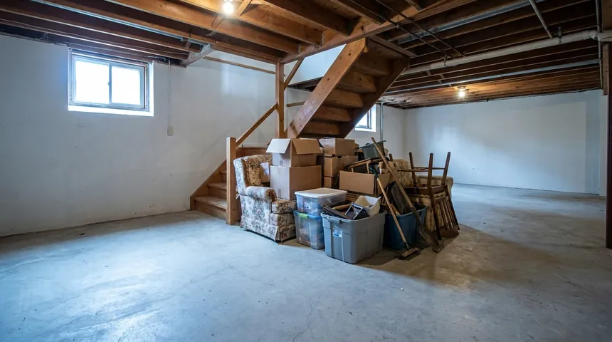 Cluttered residential basement being cleared out during a cleanout